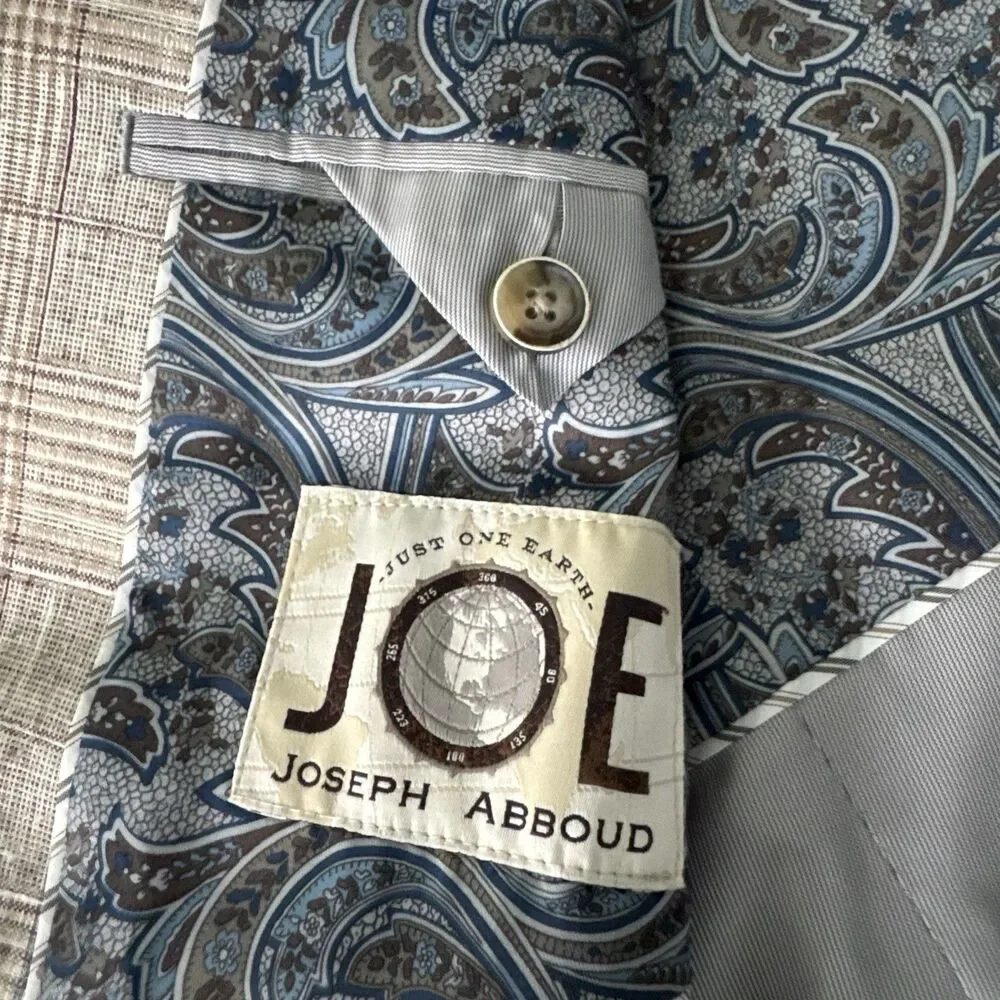 Joseph Abboud Paisley Linen Blazer Men 44S Slim Tan Plaid 2 Button Sport Coat